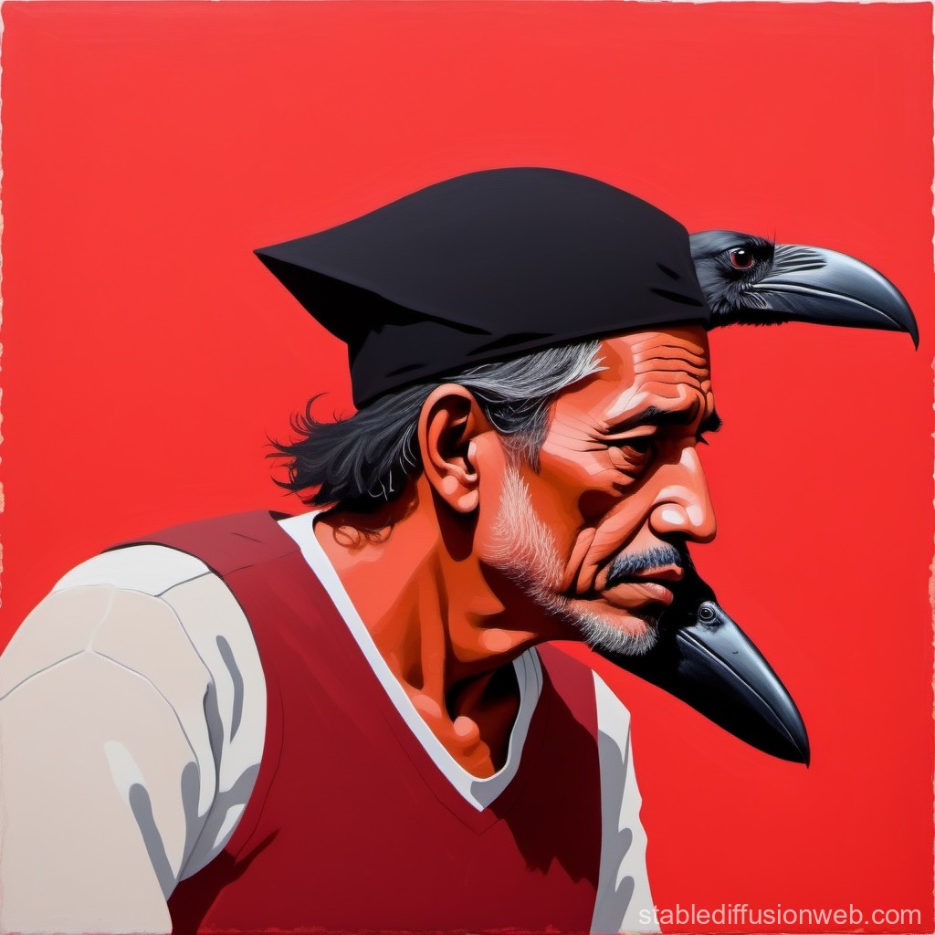 Portrait of a Man Wearing a Raven Hat on Red Background