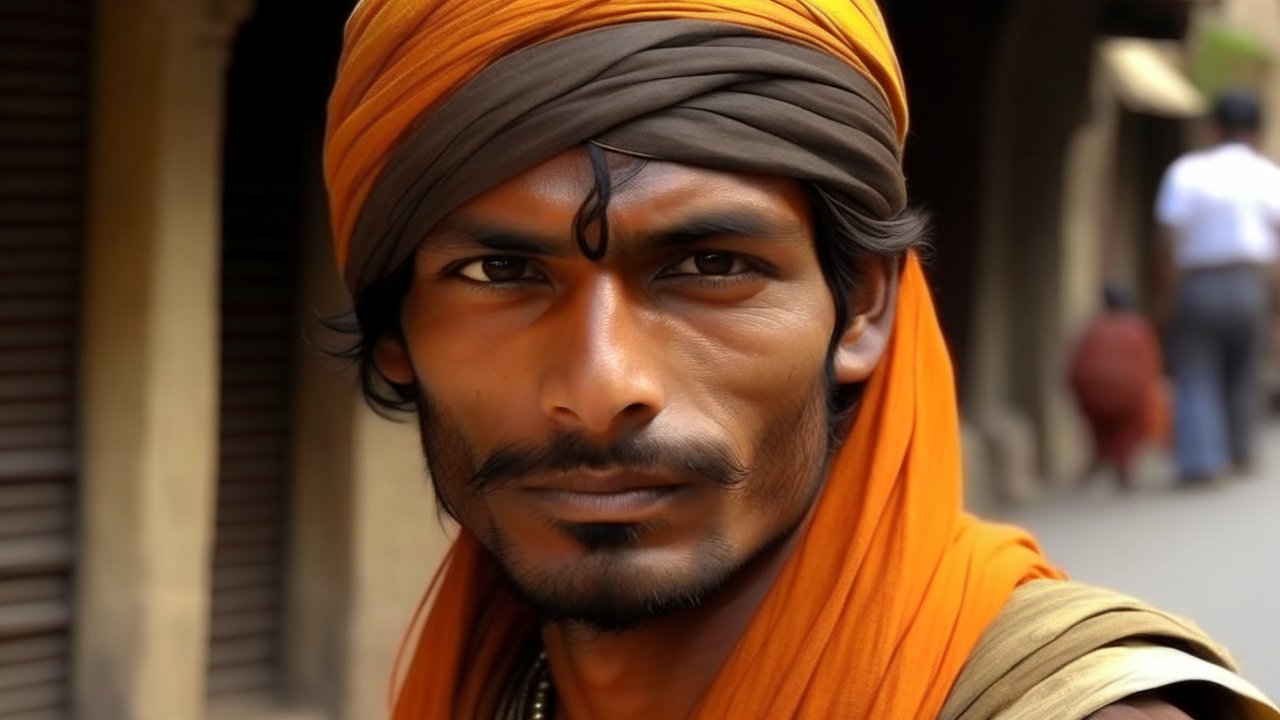 Portrait of a Man Wearing a Vibrant Orange Turban