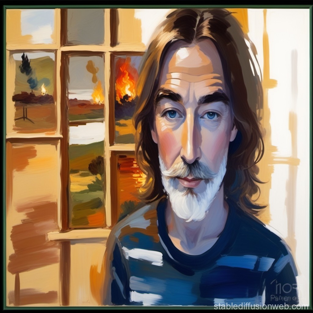 Portrait of a Man with Fiery Landscape Through Window