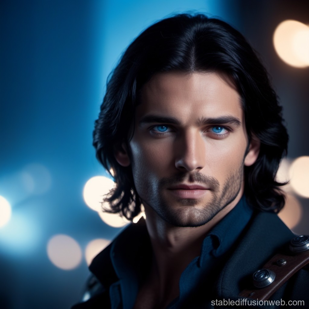 Portrait of a Man with Striking Blue Eyes in Dramatic Lighting