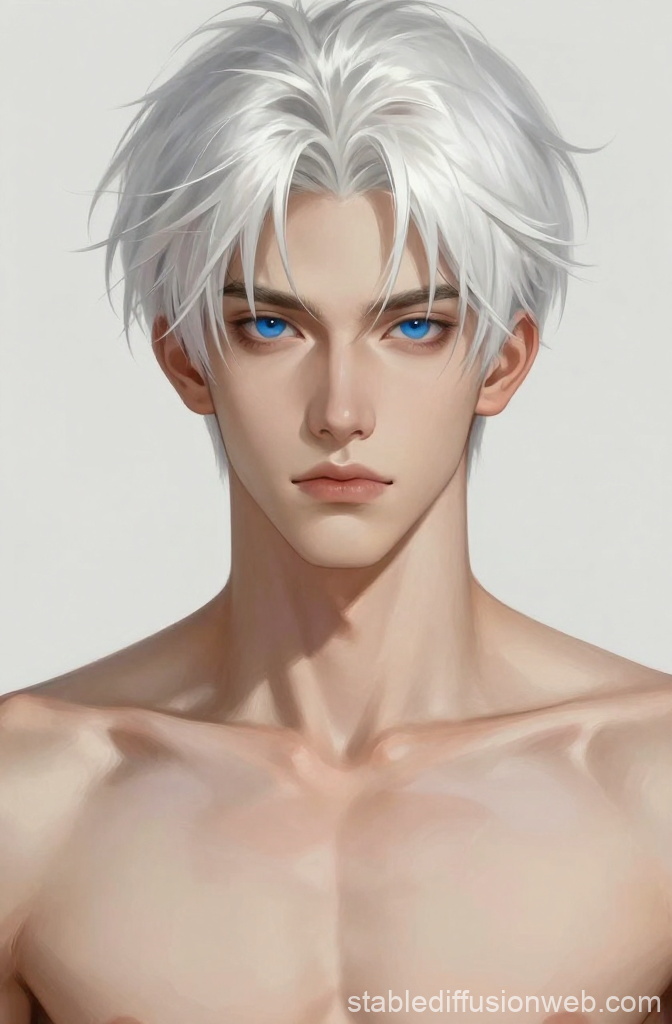 Portrait of a Masculine Man with White Hair and Blue Eyes