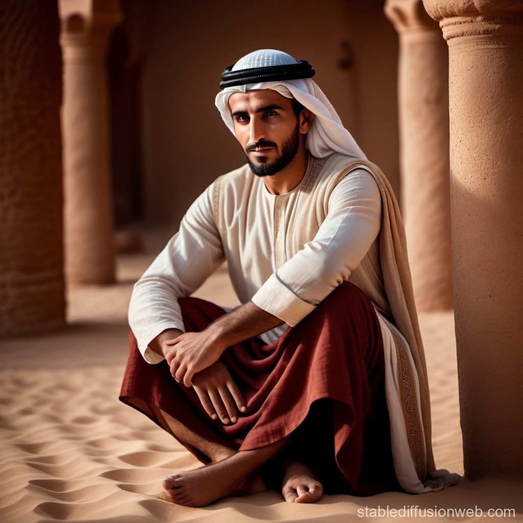 Portrait of a Middle Eastern Man in Traditional Attire Sitting in Desert Architecture