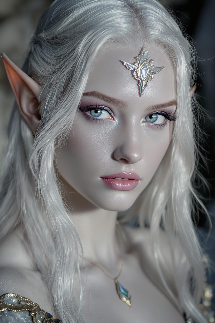 Portrait of a Mystical Elf with Silver Hair and Gem Adornment
