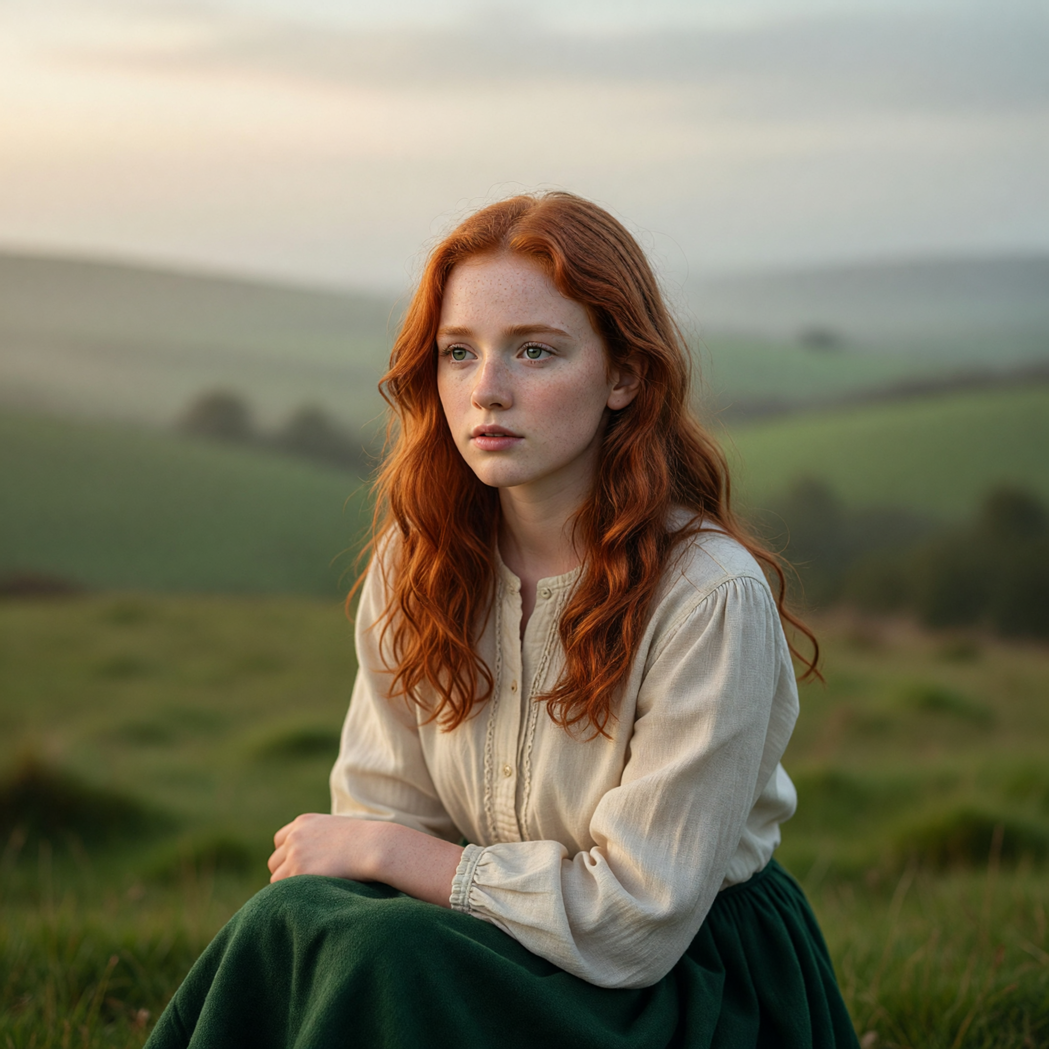 Portrait of a Red-Haired Woman in a Misty Irish Countryside