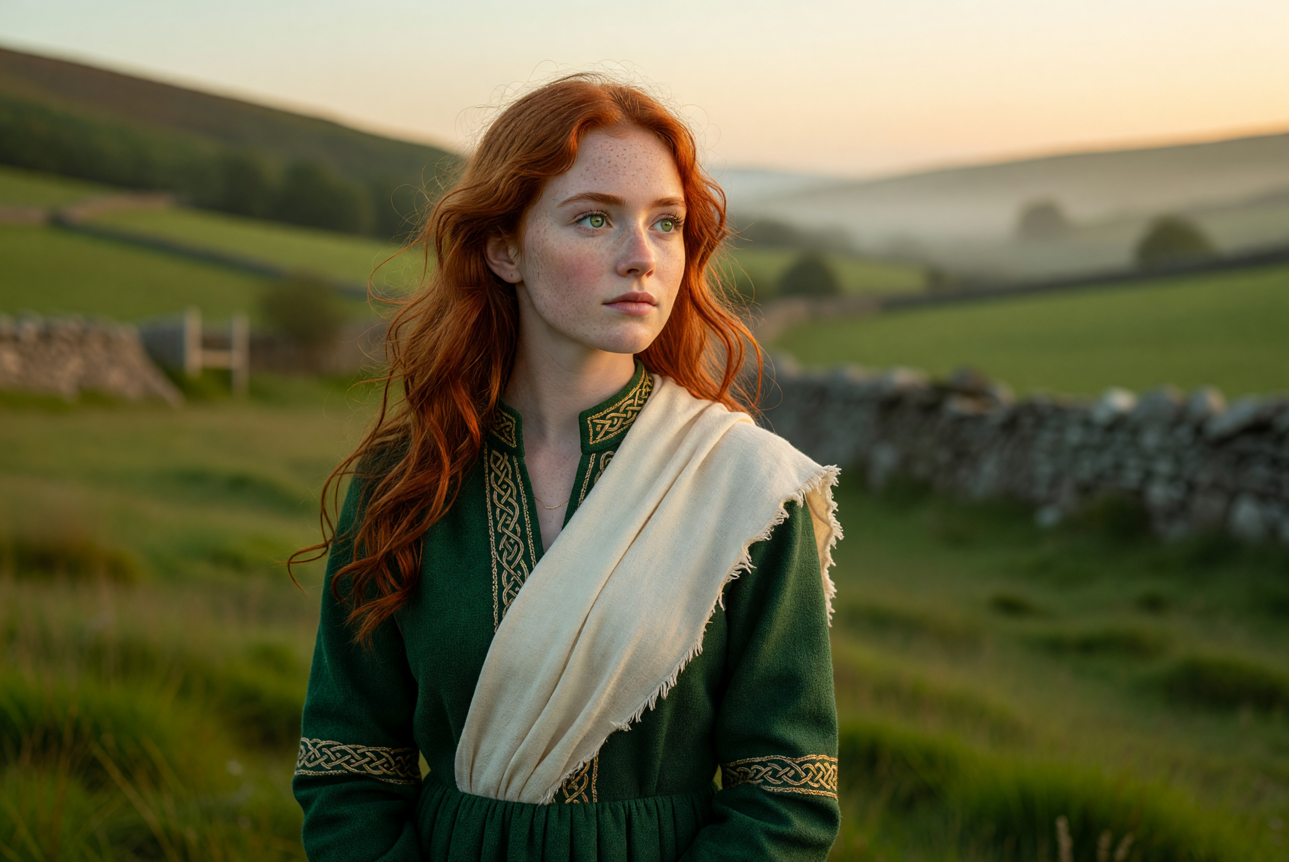 Portrait of a Red-Haired Woman in Celtic Attire at Sunset