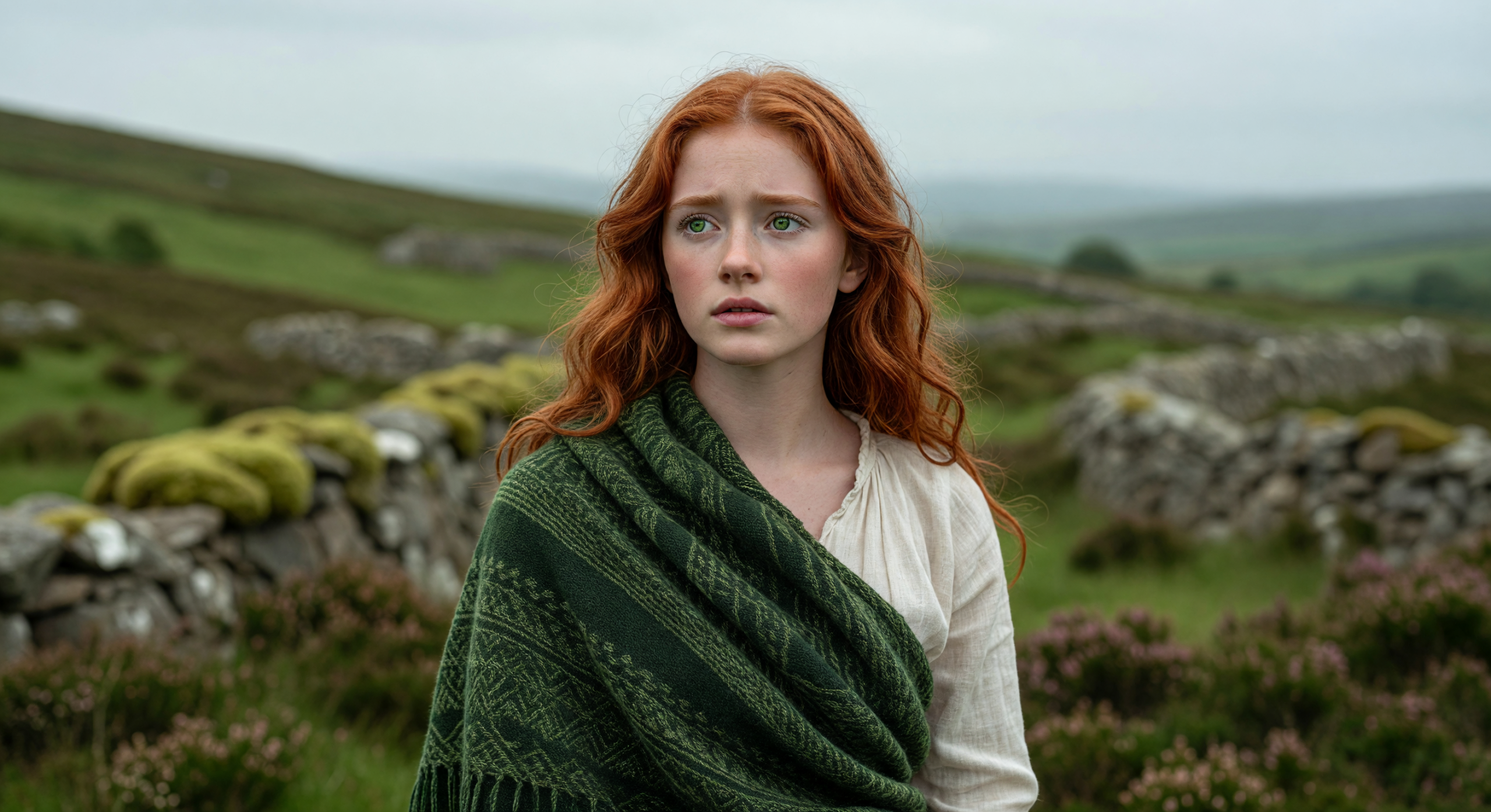 Portrait of a Red-Haired Woman in Celtic Landscape