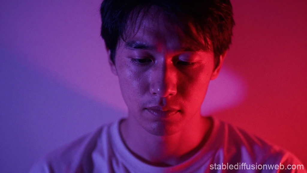 Portrait of a Sad Asian Man with Dramatic Red and Purple Lighting