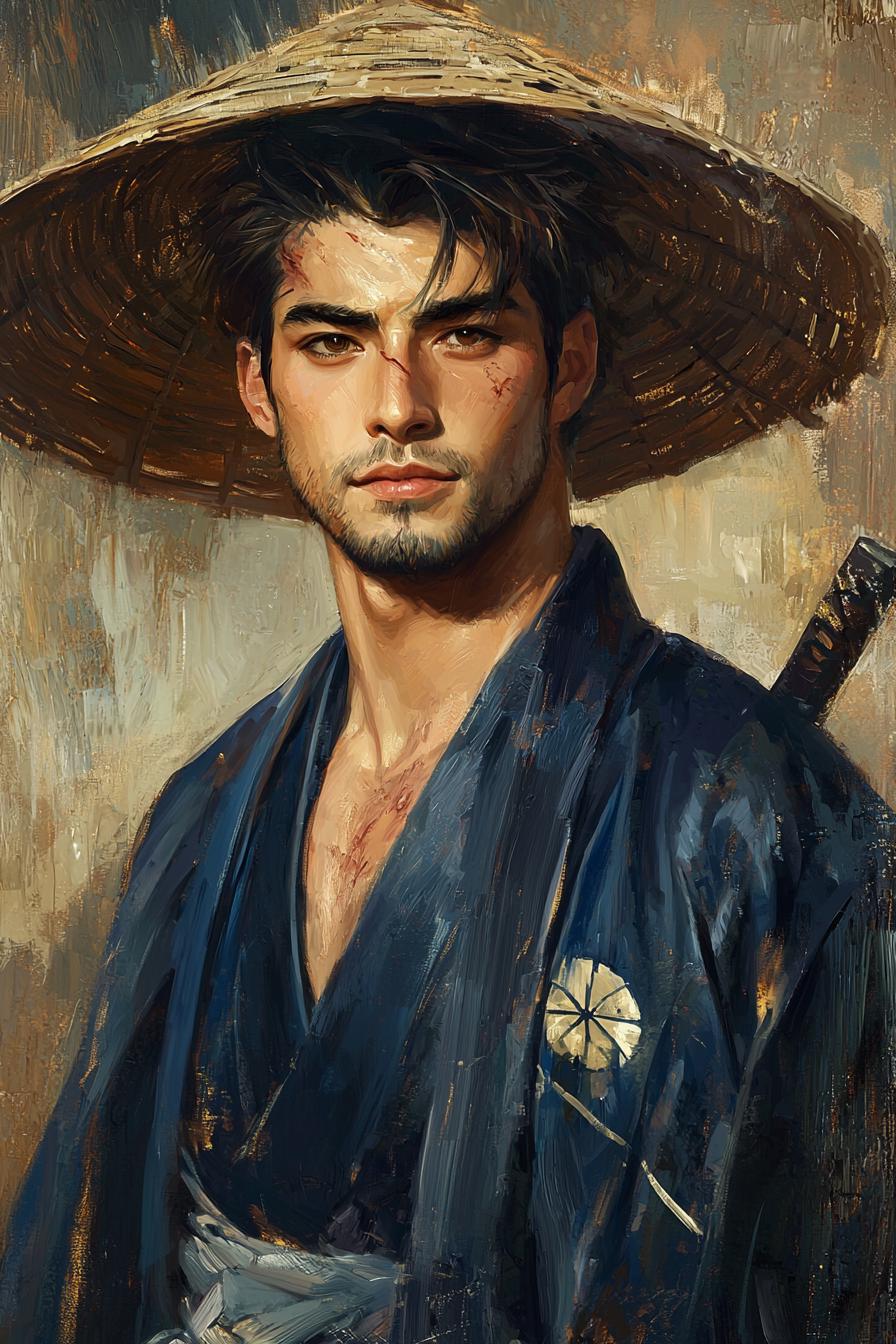 Portrait of a Samurai with Straw Hat in Oil Painting Style
