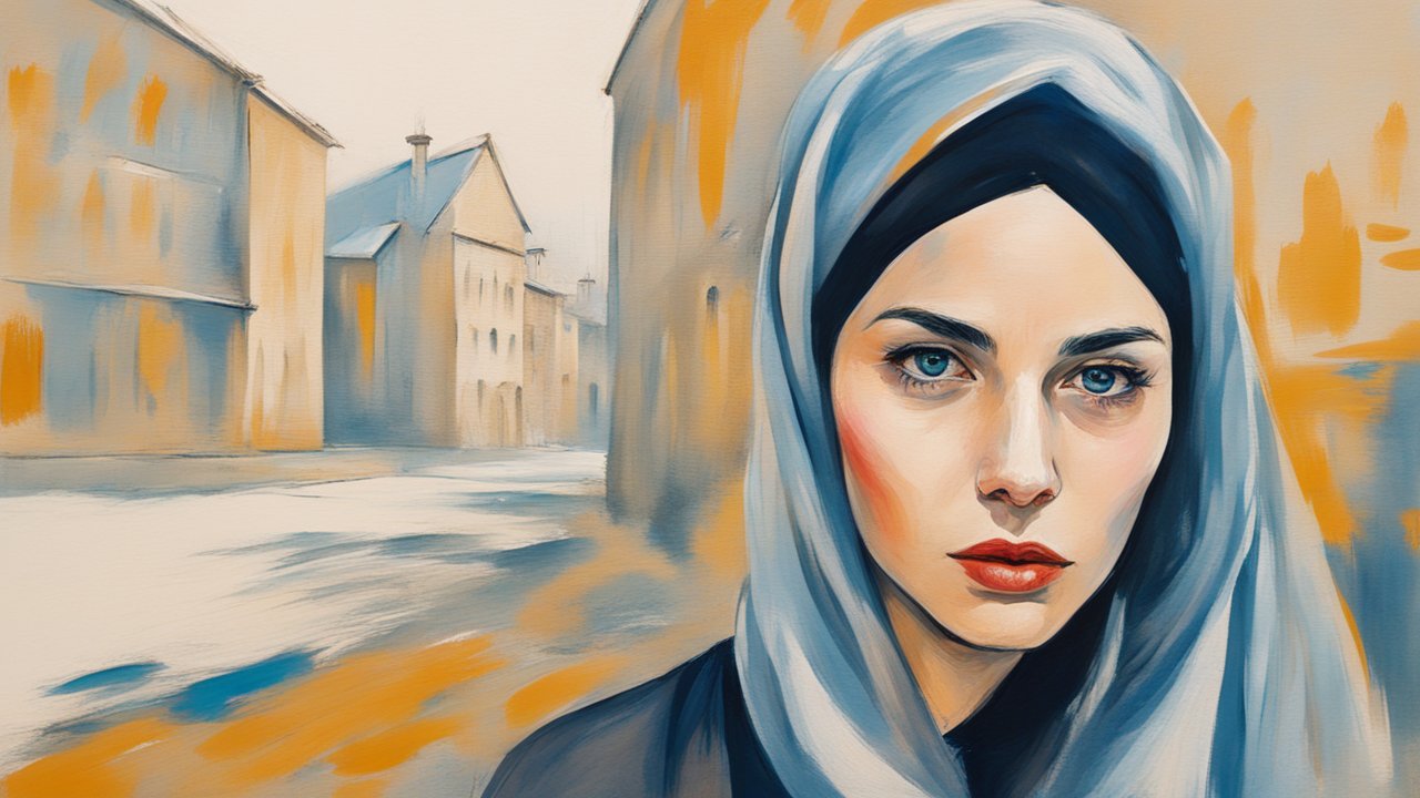 Portrait of a Woman in a Blue Hijab with Abstract Urban Background