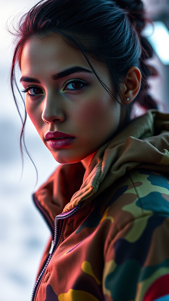 Portrait of a Woman in Camouflage Jacket with Intense Gaze