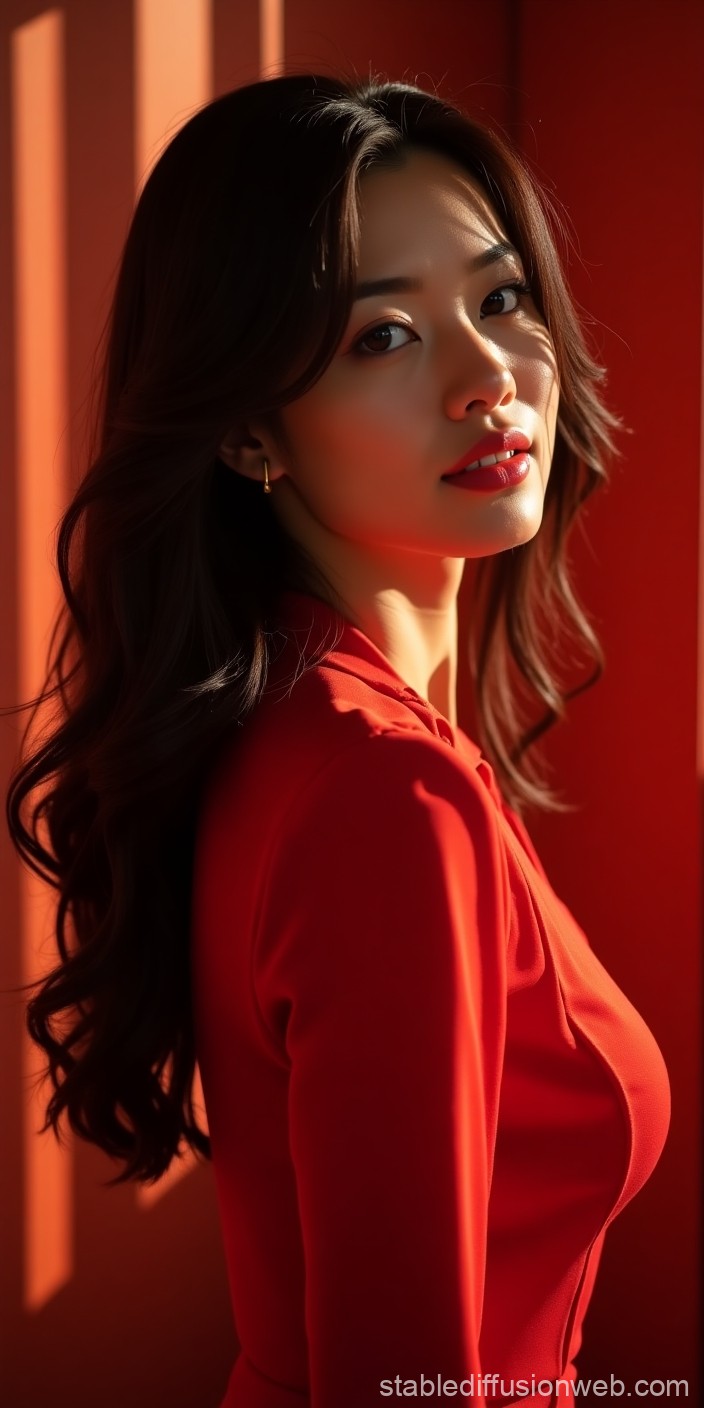 Portrait of a Woman in Red with Warm Lighting