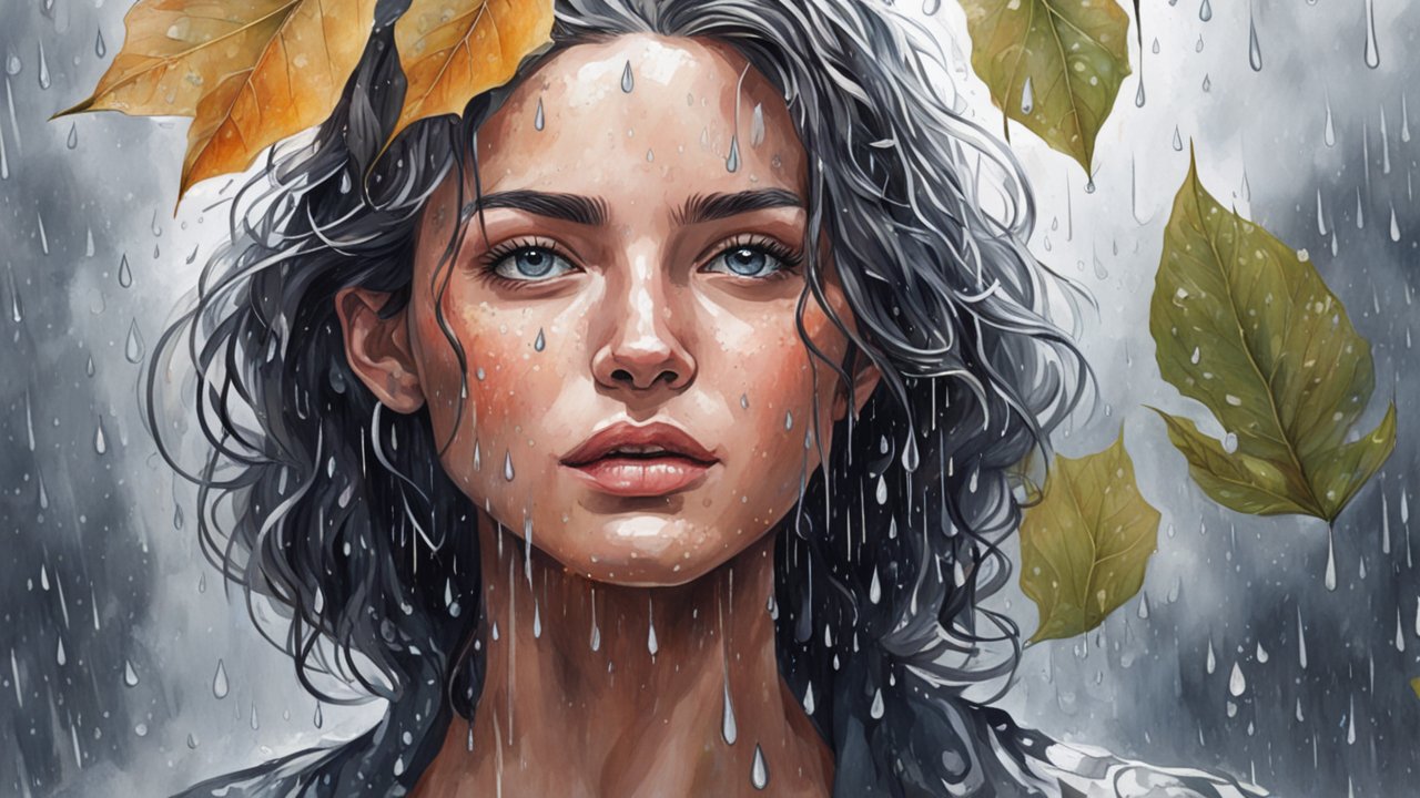 Portrait of a Woman in the Rain with Autumn Leaves