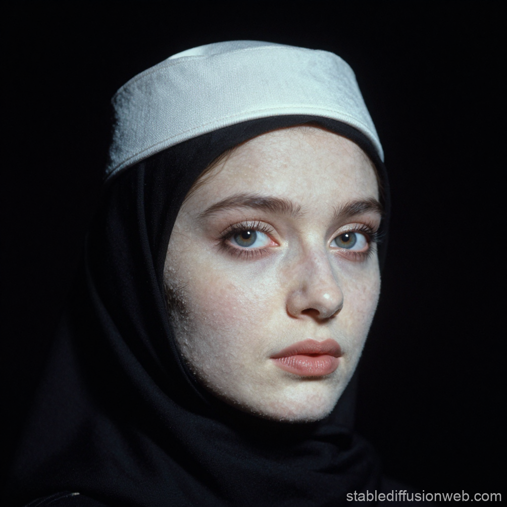 Portrait of a Woman Wearing a White Yarmulke and Black Hijab