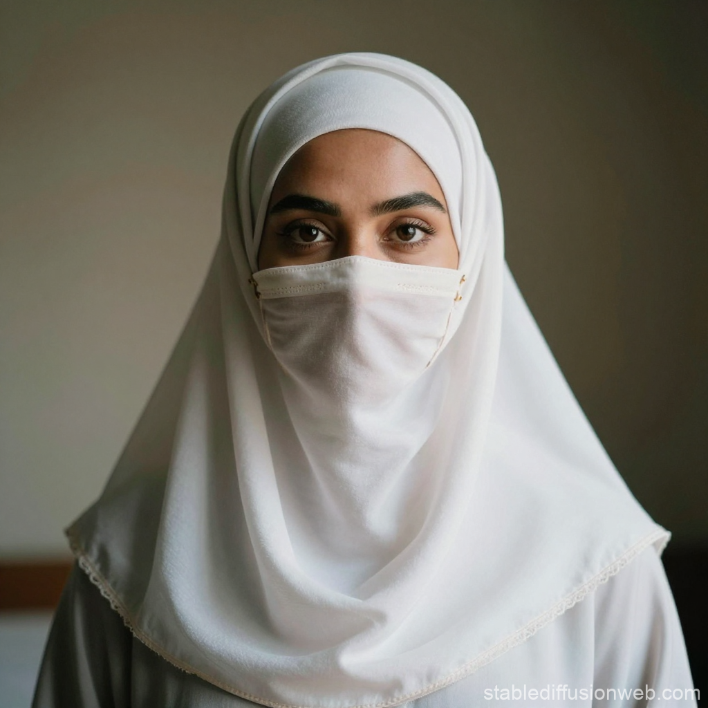 Portrait of a Woman Wearing White Niqab and Face Mask