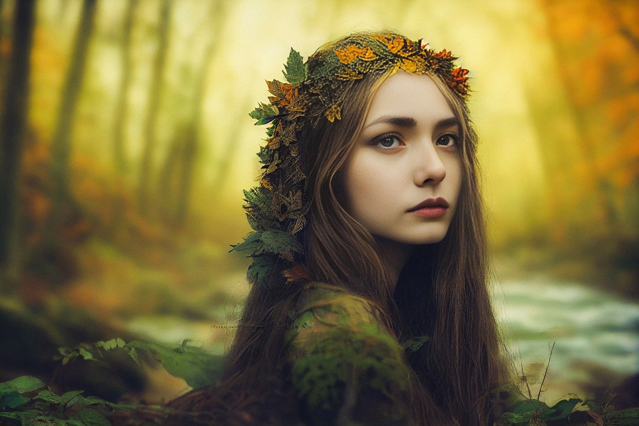 Portrait of a Woman with Autumn Leaf Crown in Forest