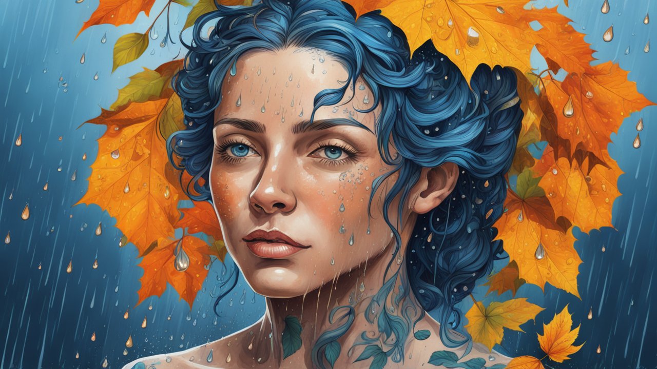Portrait of a Woman with Blue Hair and Autumn Leaves in the Rain