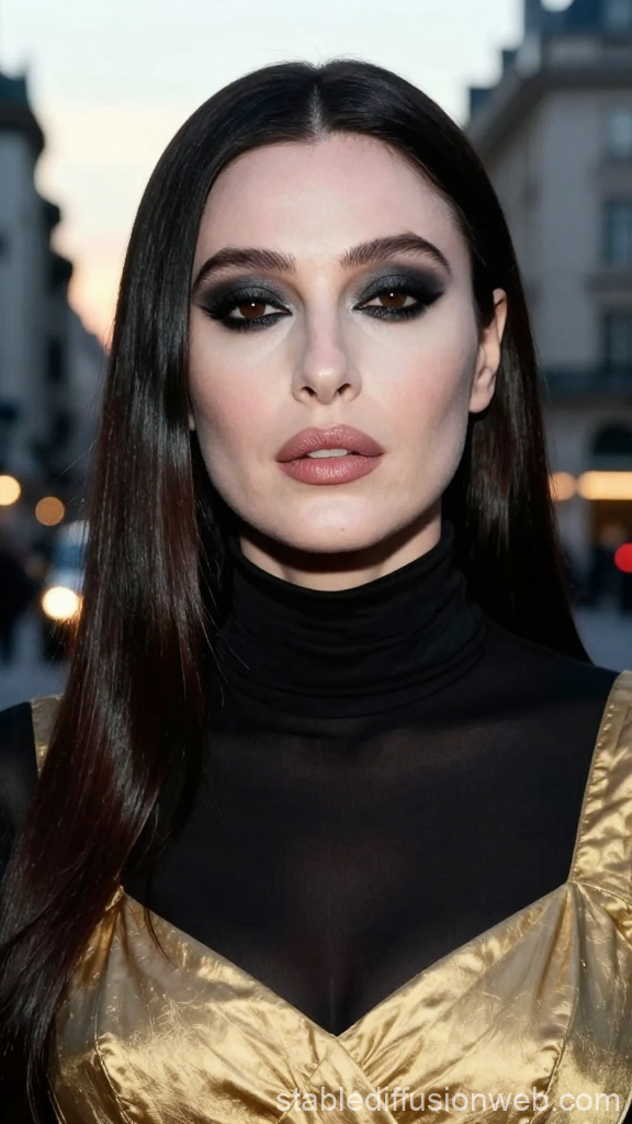 Portrait of a Woman with Dramatic Makeup and Golden Dress