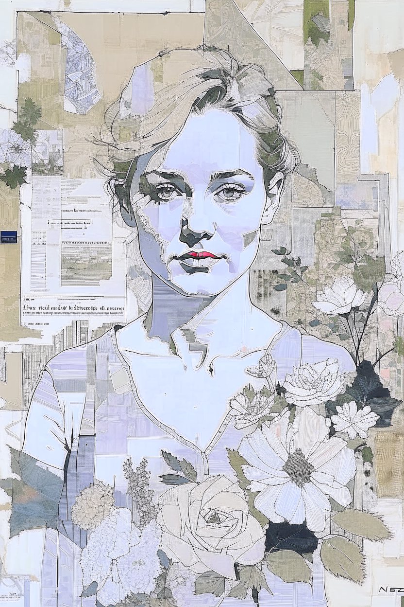 Portrait of a Woman with Floral Elements in Mixed Media
