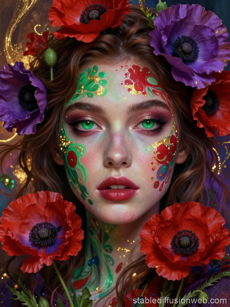 Portrait of a Woman with Floral Face Paint and Vibrant Flowers