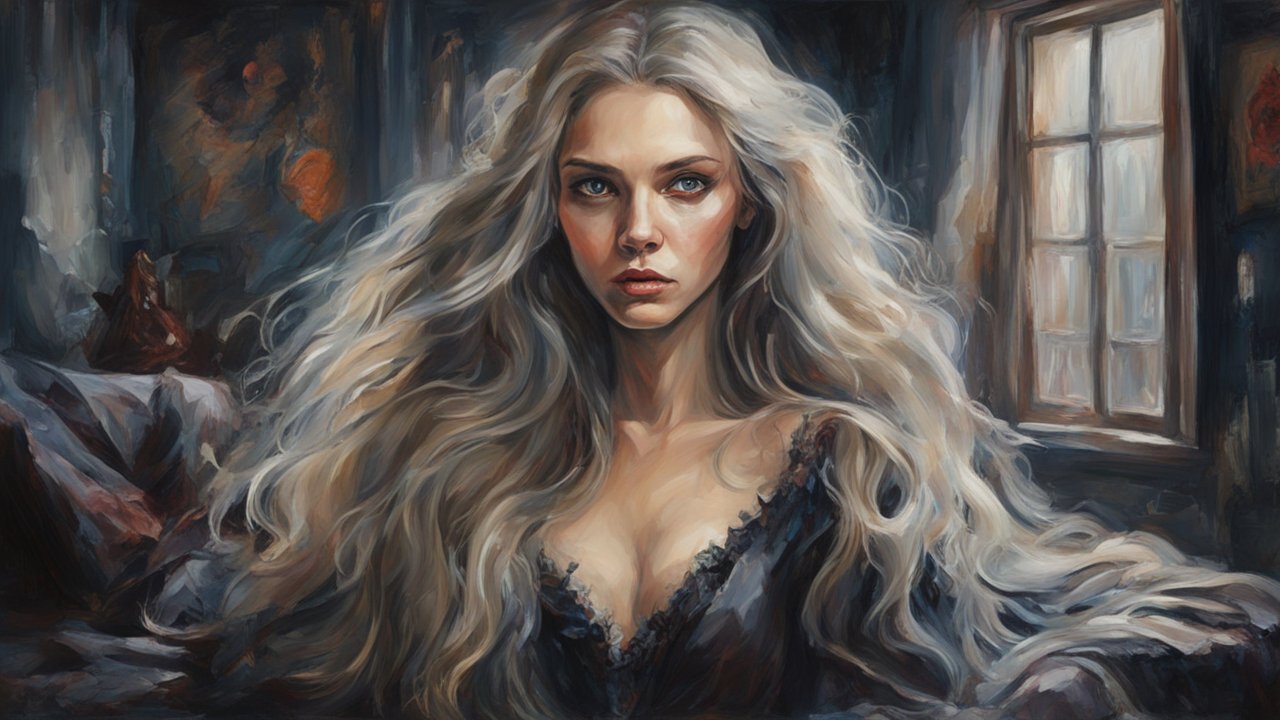 Portrait of a Woman with Flowing Silver Hair in a Dark Room
