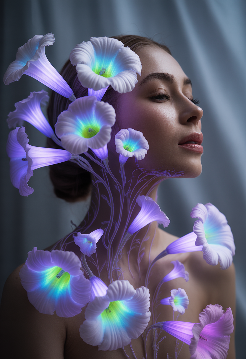 Portrait of a Woman with Glowing Blue and Purple Flowers