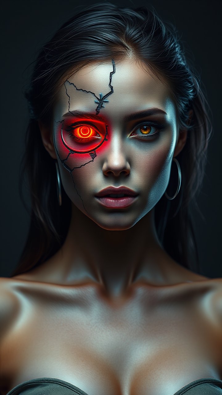 Portrait of a Woman with Half Mechanical Face and Glowing Red Eye