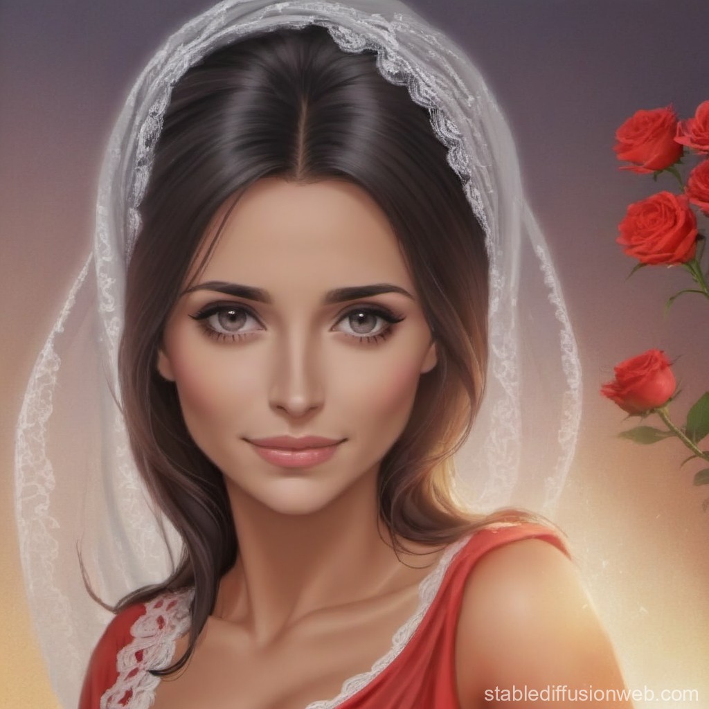 Portrait of a Woman with Lace Veil and Red Roses