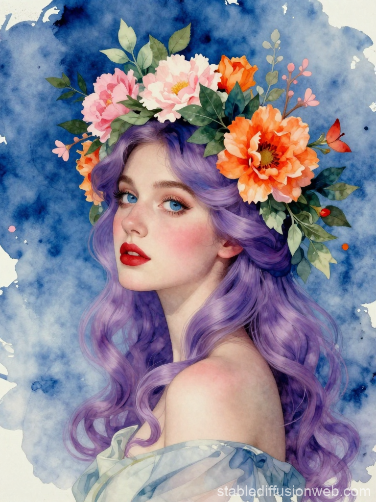 Portrait of a Woman with Purple Hair and Floral Crown