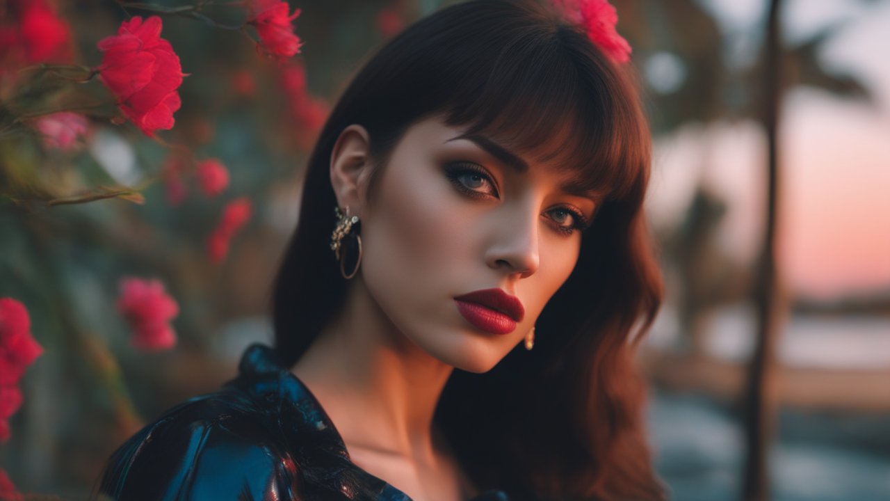 Portrait of a Woman with Red Flowers at Sunset