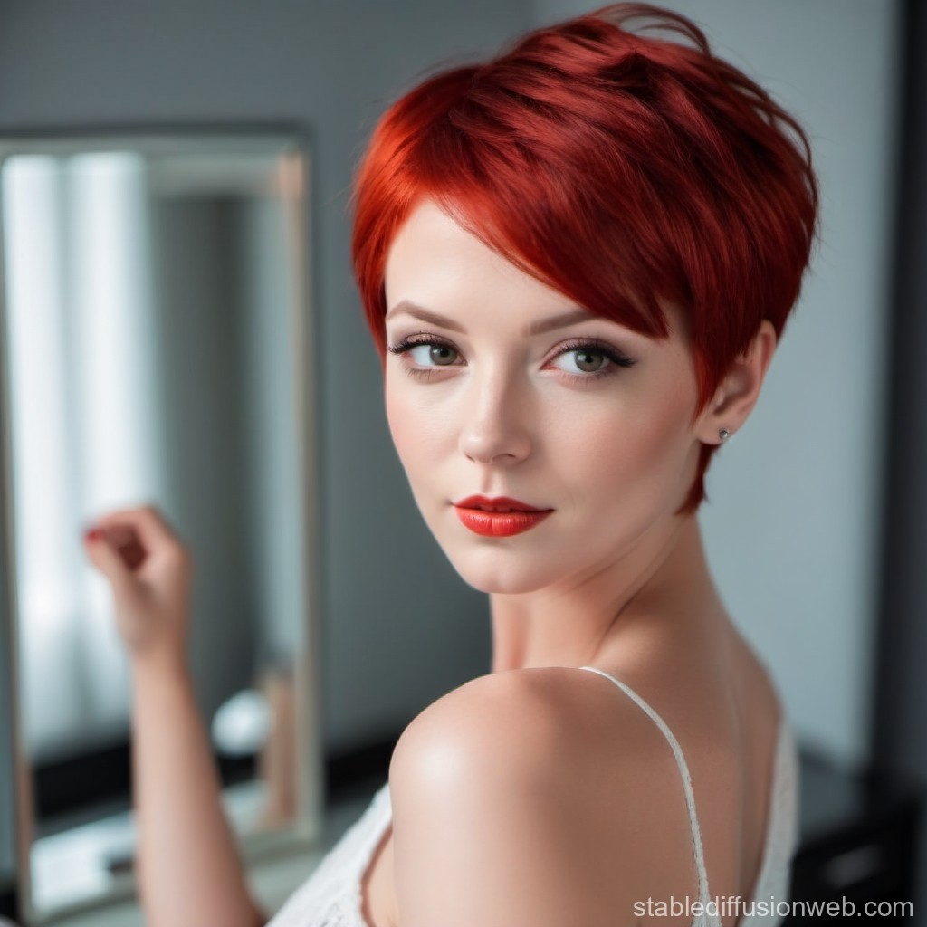 Portrait of a Woman with Short Red Hair and Red Lipstick