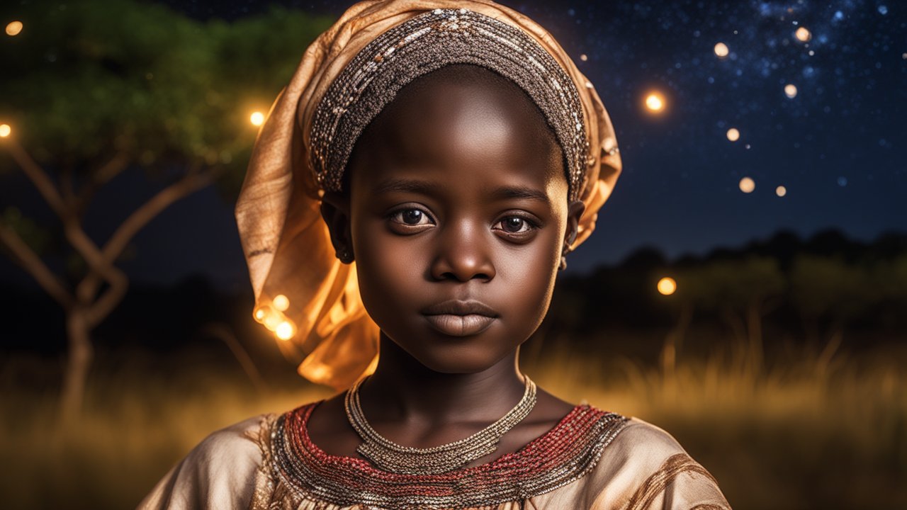 Portrait of a Young African Girl in Traditional Attire at Night