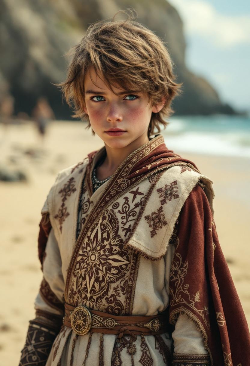 Portrait of a Young Boy in Ornate Medieval Robes on the Beach