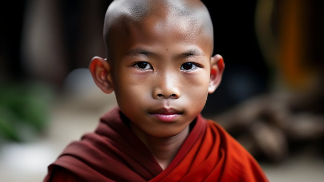 Portrait of a Young Buddhist Monk in Traditional Robes