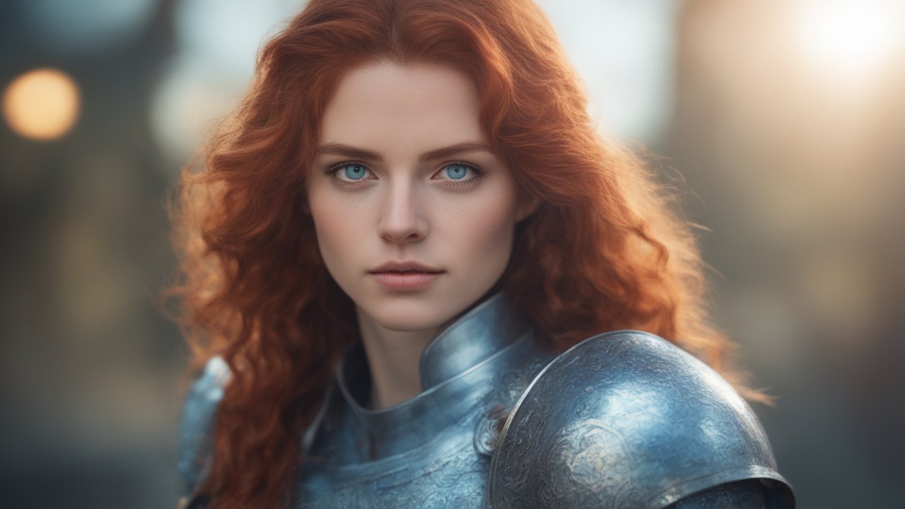 Portrait of a Young Female Knight with Fiery Red Hair