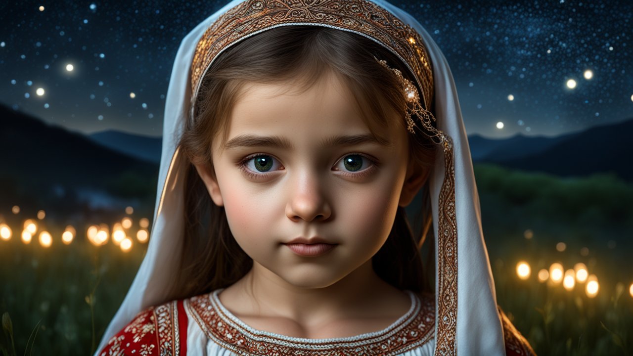 Portrait of a Young Girl in Traditional Dress Under Starry Night