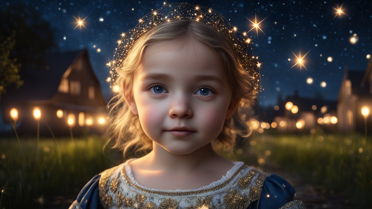 Portrait of a Young Girl with Magical Starry Halo at Night