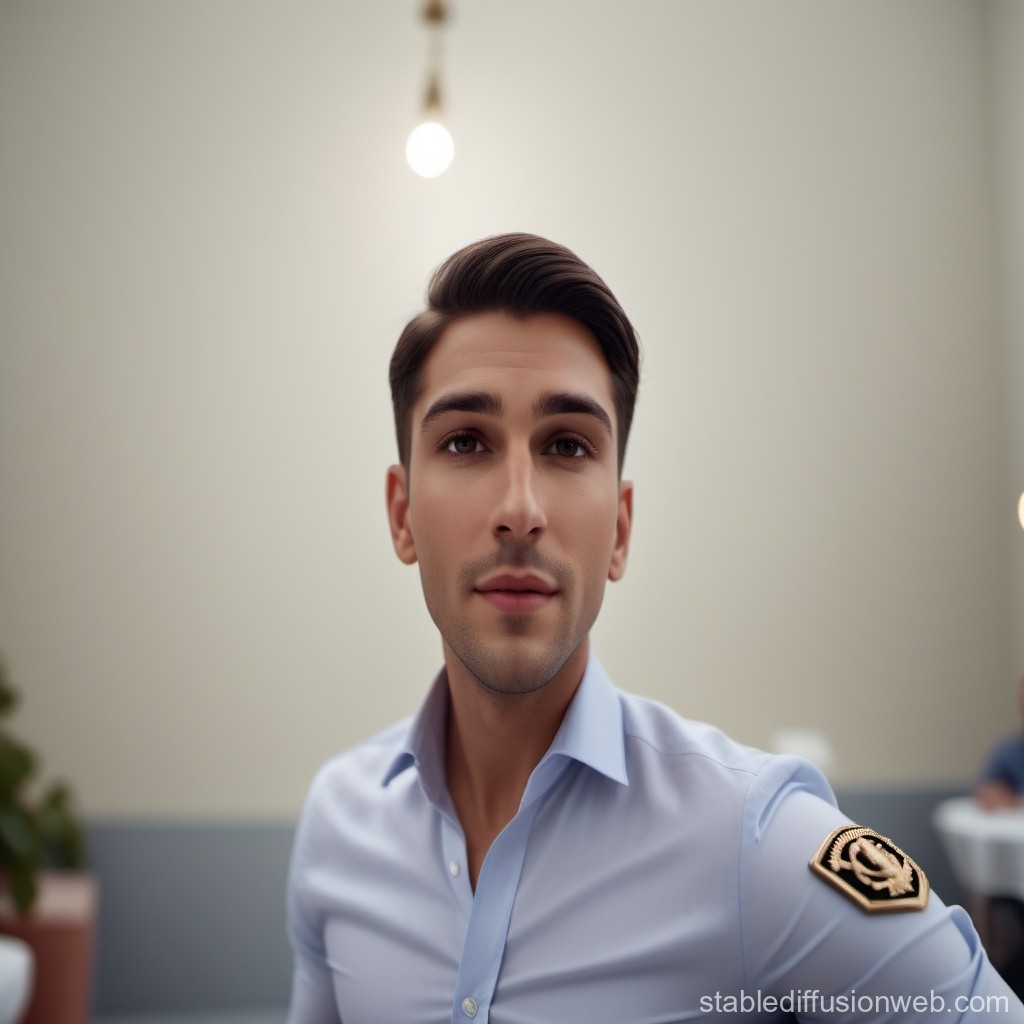 Portrait of a Young Man in Light Blue Shirt Indoors
