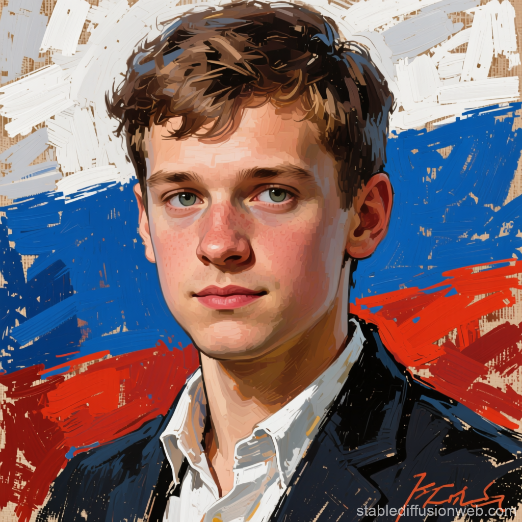 Portrait of a Young Man with Russian Flag Background