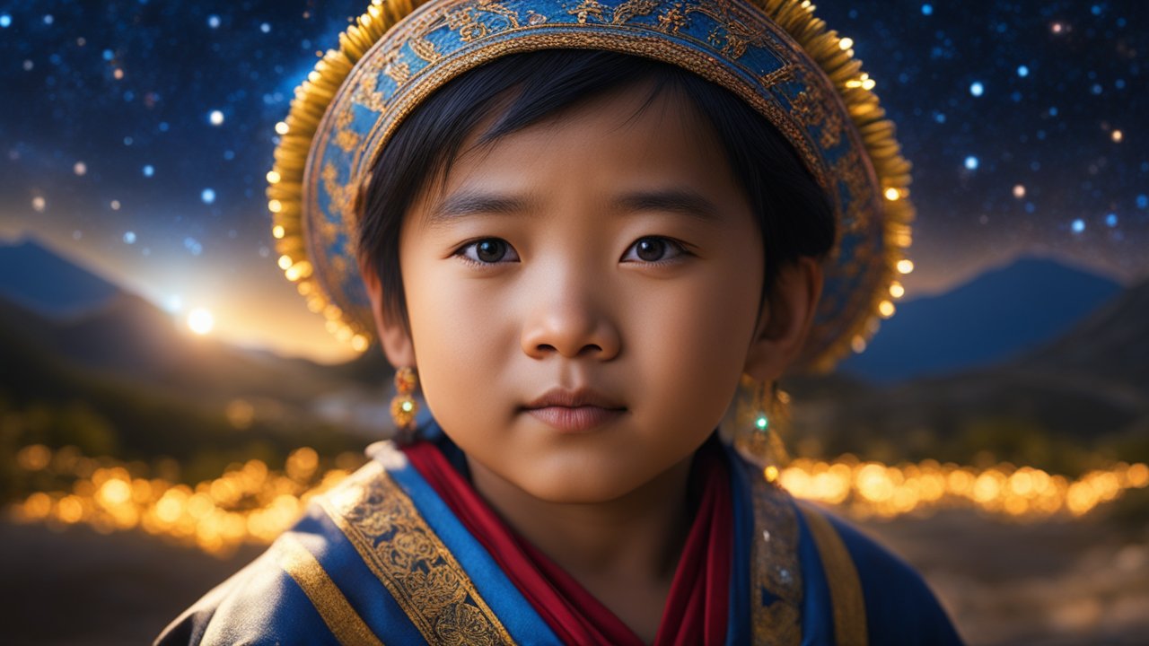 Portrait of a Young Tibetan Child in Traditional Attire at Dusk