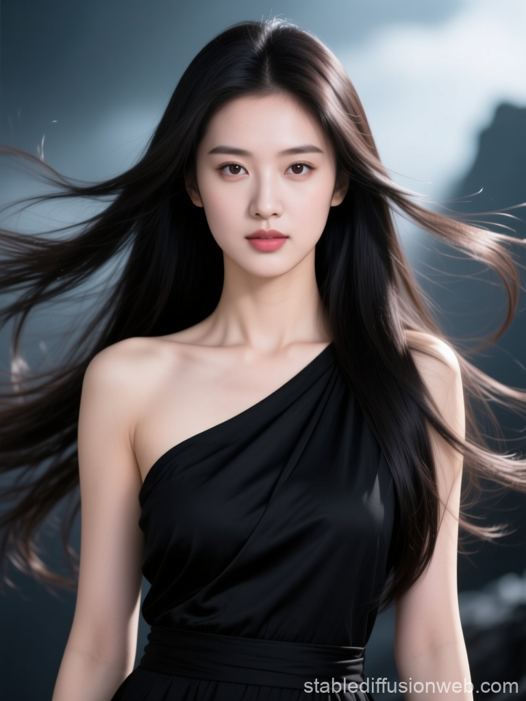 Portrait of a Young Woman in Black Dress with Flowing Hair