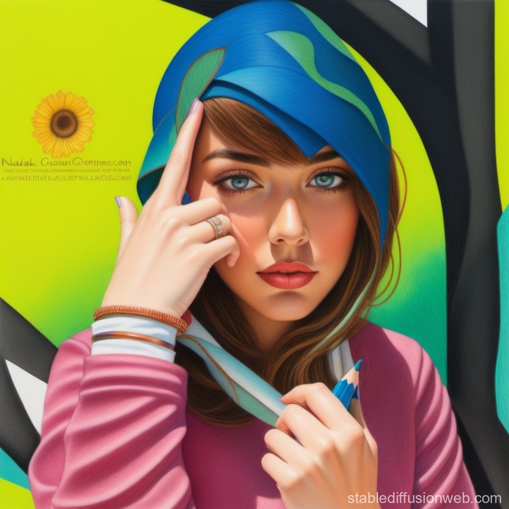 Portrait of a Young Woman in Blue Headscarf Holding Pencil