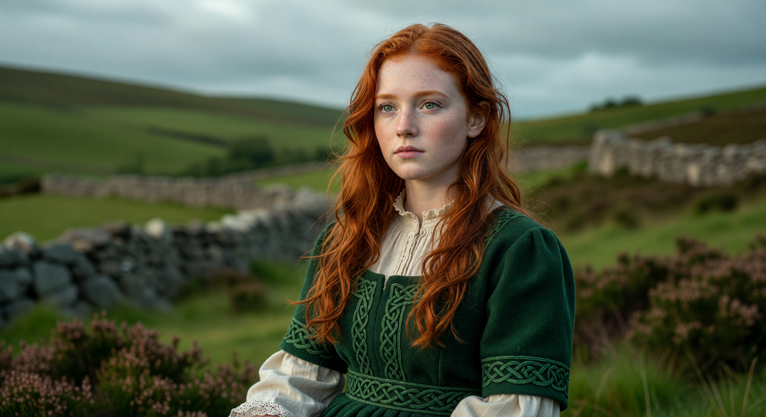 Portrait of a Young Woman in Celtic Green Dress in Countryside