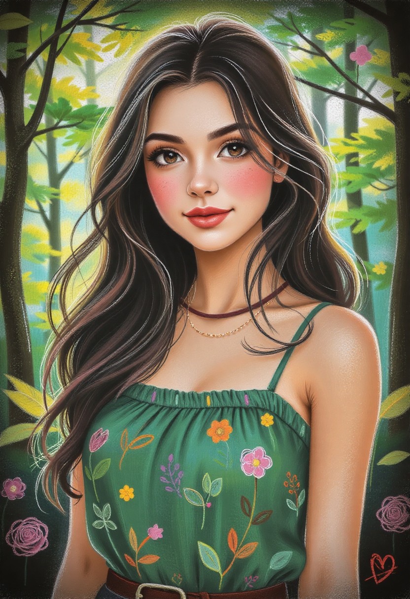 Portrait of a Young Woman in Floral Dress in Forest