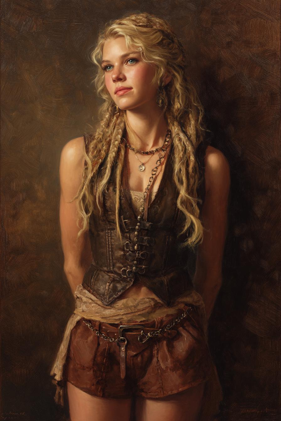 Portrait of a Young Woman in Rustic Leather Attire