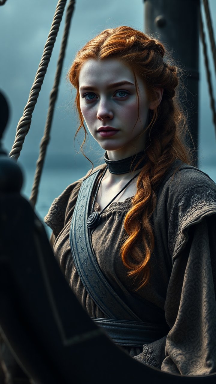 Portrait of a Young Woman on an Old Wooden Ship