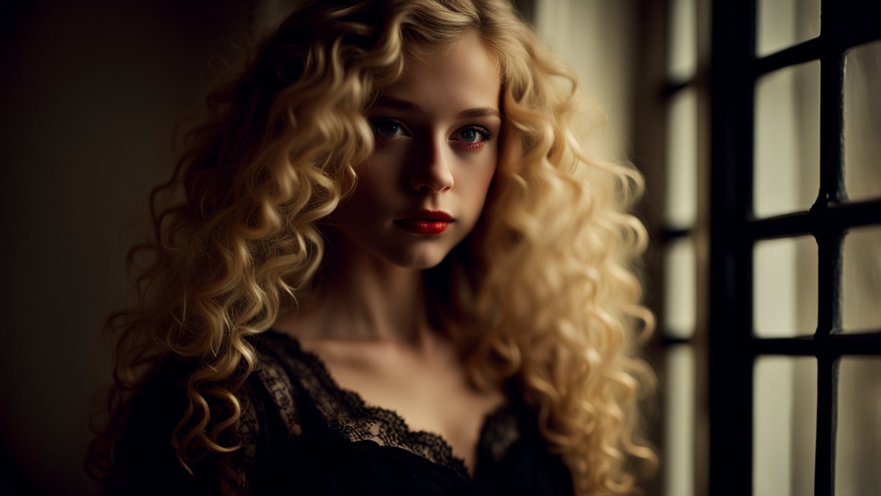 Portrait of a Young Woman with Curly Blonde Hair by Window