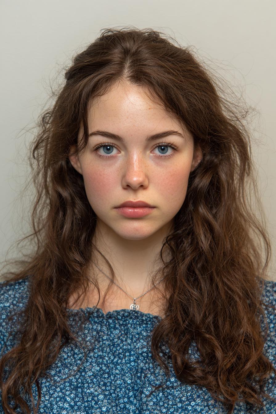 Portrait of a Young Woman with Curly Hair and Blue Eyes