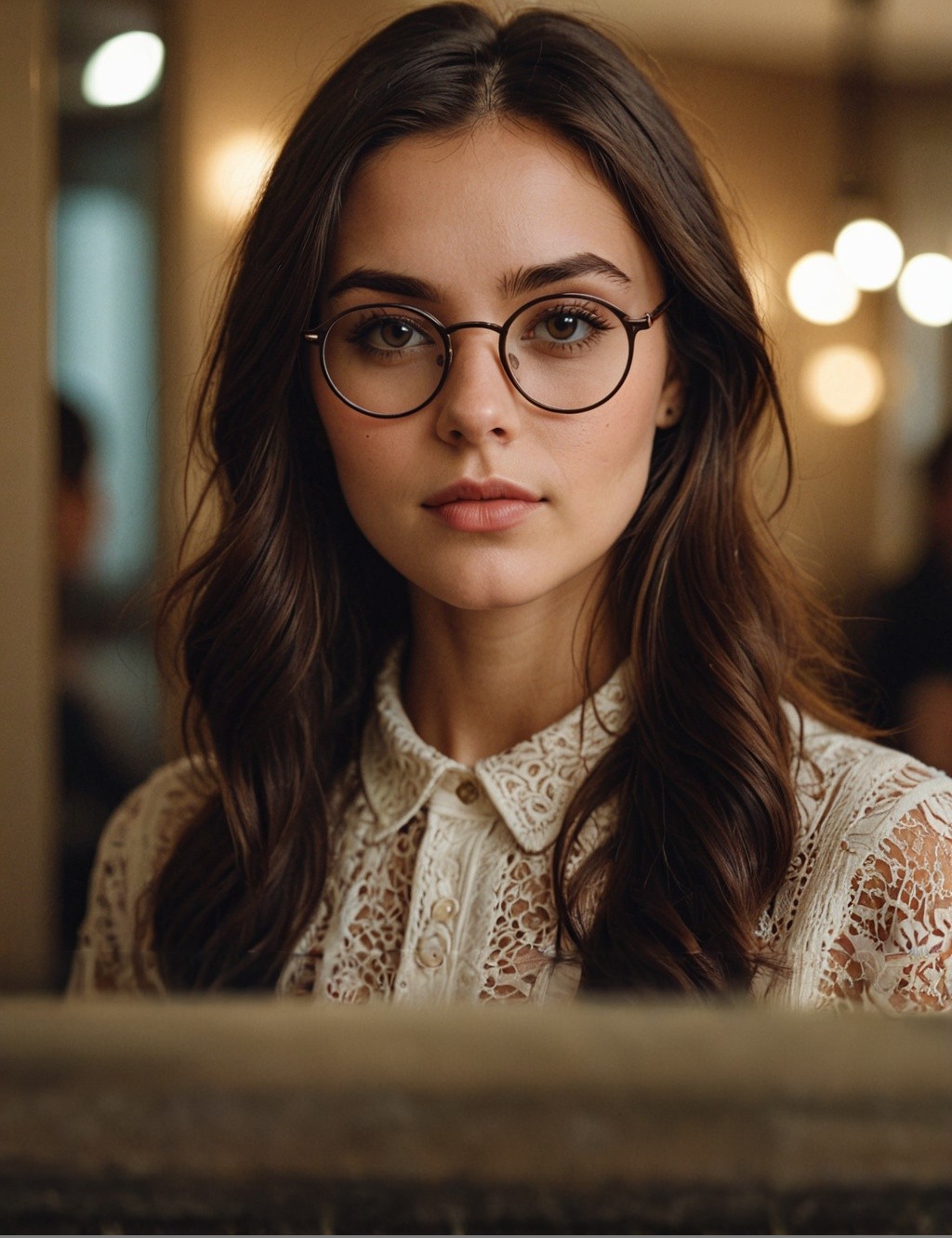 Portrait of a Young Woman with Glasses in Warm Indoor Light