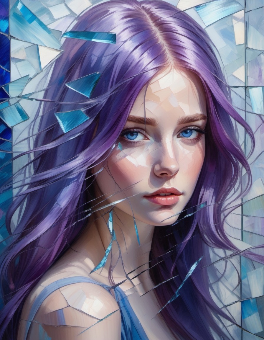 Portrait of a Young Woman with Purple Hair and Shattered Glass