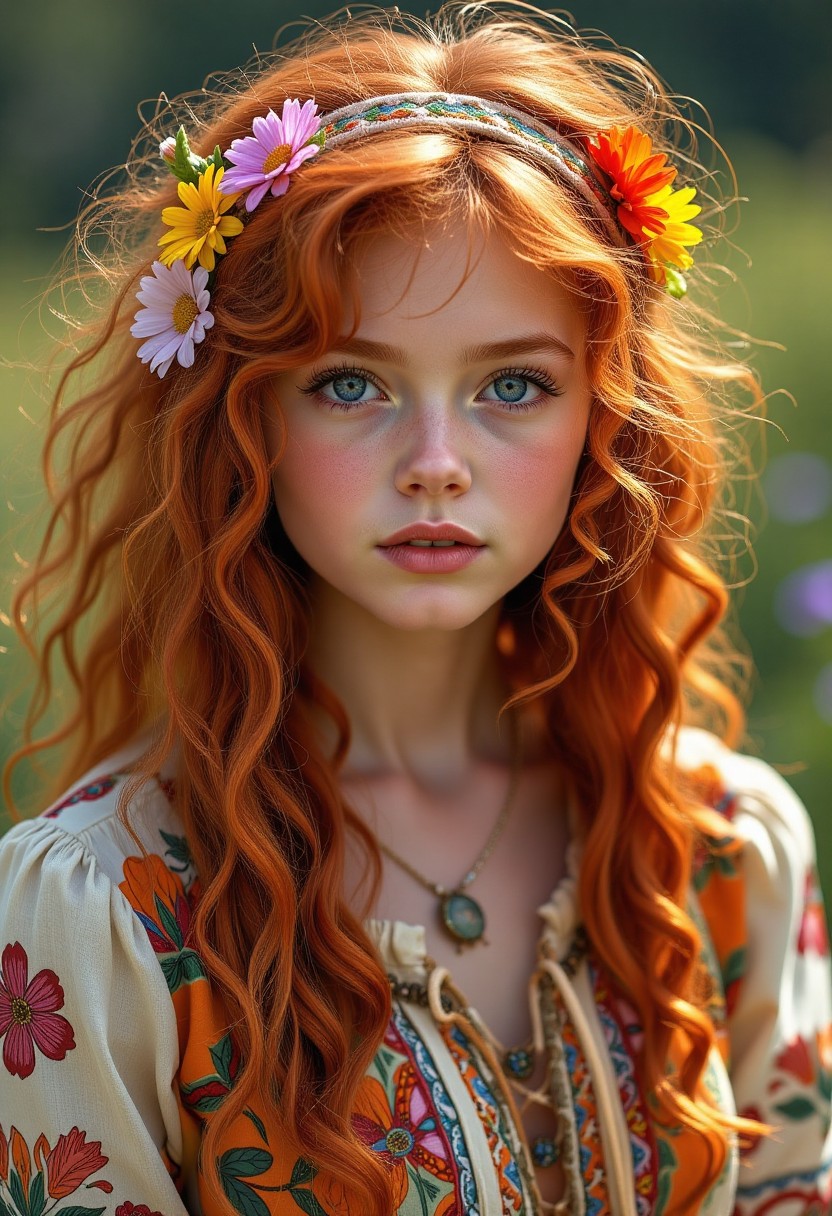 Portrait of a Young Woman with Red Hair and Floral Headband